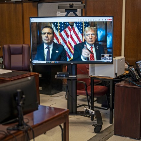 President-elect Donald Trump appears remotely for a sentencing hearing with his attorney Todd Blanche at Manhattan Criminal Court on January 10, 2025 in New York City.