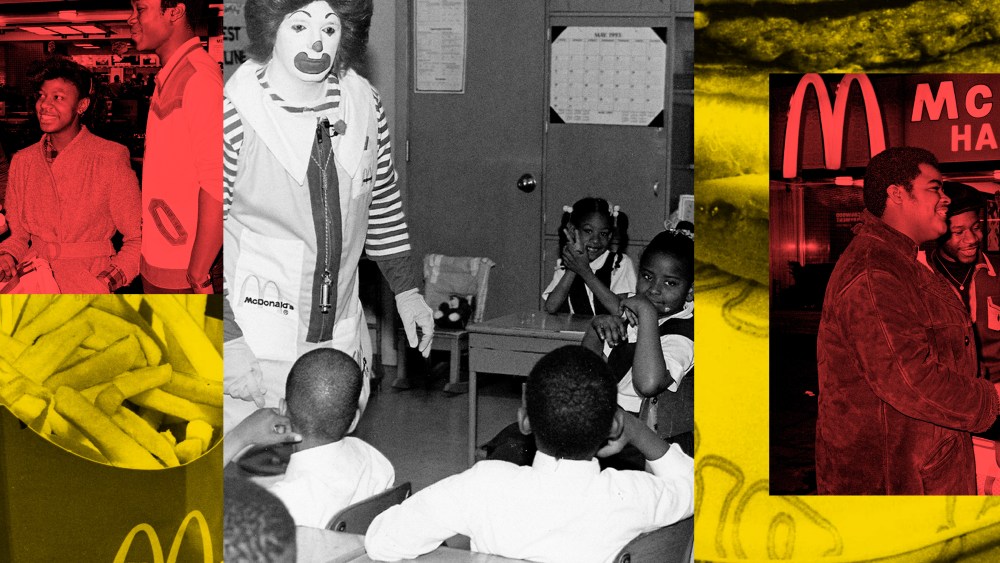 Photo Illustration: Ronald McDonald visits a classroom of Black school children in the 1960s