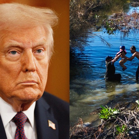 Photos of President Donald Trump and a child passed across the Rio Grande as a family heads towards the Mexican-US border.
