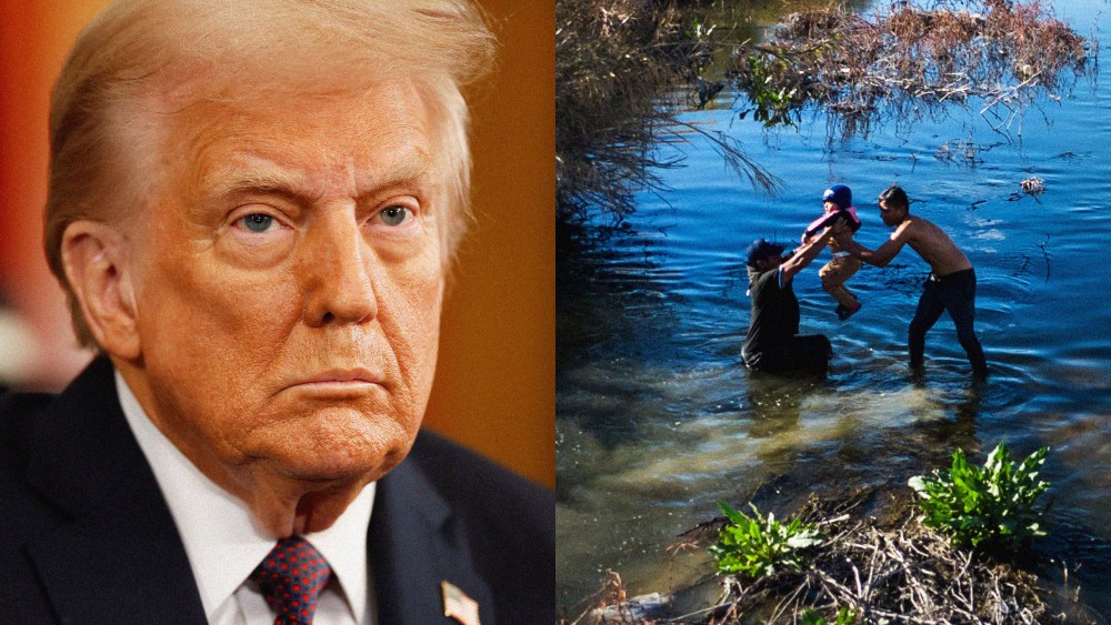 Photos of President Donald Trump and a child passed across the Rio Grande as a family heads towards the Mexican-US border.
