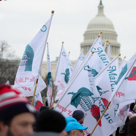 Anti-abortion rights demonstrators march past the Capitol to the Supreme Court for the 52nd annual March For Life in Washington, D.C. on Jan. 24, 2025.