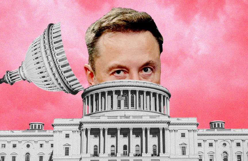 Photo Illustration: Elon Musk emerging from the top of the U.S. Capitol