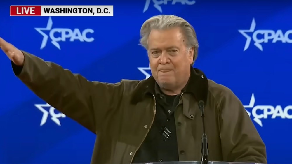 Steve Bannon seems to give a Nazi Salute on stage during the first day of CPAC 25, in Washington DC, on February 20, 2025.