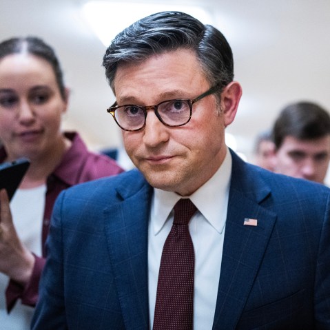 Speaker of the House Mike Johnson, R-La., fields questions on the potential budget resolution vote after a meeting of the House Republican Conference in the U.S. Capitol on Tuesday, February 25, 2025.