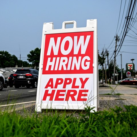 A now hiring sign in Long Island in July 2021.