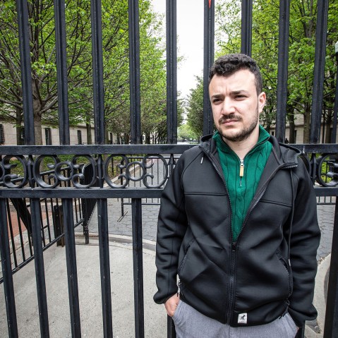 Mahmoud Khalil stands by the gates of Columbia University