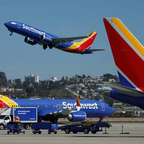A Southwest Airlines plane takes off at San Diego International Airport.
