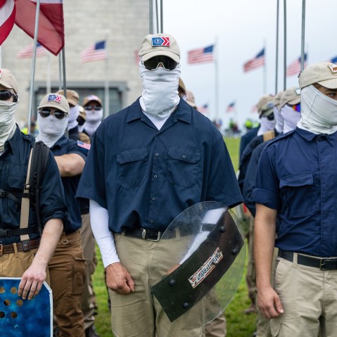 Patriot Front DC March, Washington, DC - 13 May 2023 masked members Patriot Front