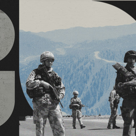 Photo collage with cutouts of several NATO soldiers in active combat gear, against a blue tinted photo of mountains in Afghanistan.