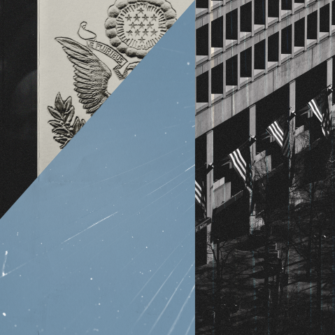 Photo collage with a black and white side profile photo of Donald Trump on the left, part of the United States Presidential Seal in the middle, and a photo of a building with American flags lined up on the walls.