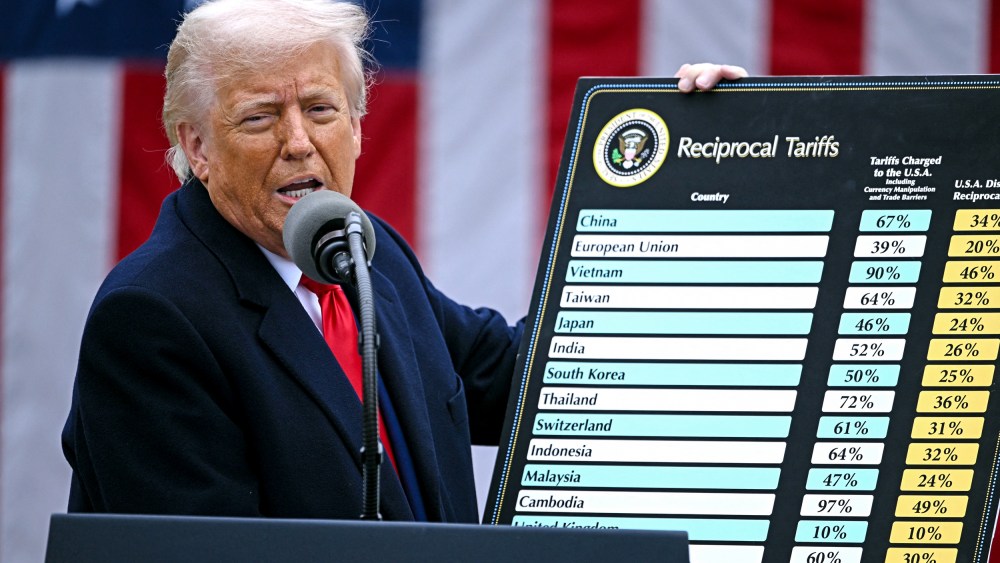 Donald Trump speaks into a microphone at a podium and holds a sign titled "reciprocal tariffs" with a list of countries and percentages