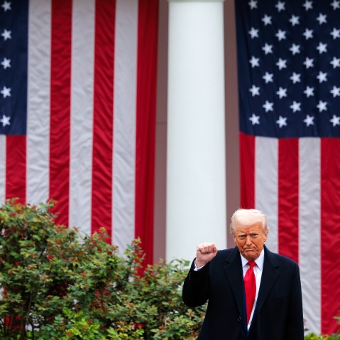 President Donald Trump pumps his fist.