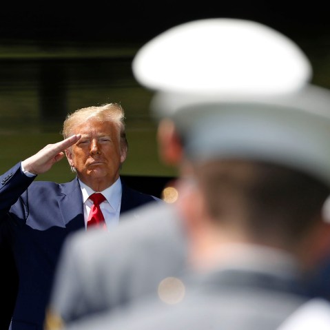 President Donald Trump salutes after speaking to cadets in the Class of 2020 at the West Point commencement.