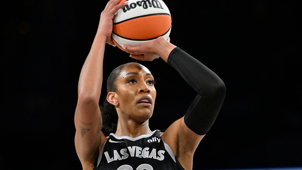 A'ja Wilson of the Las Vegas Aces prepares for a free throw against the Phoenix Mercury on May 6, 2025.