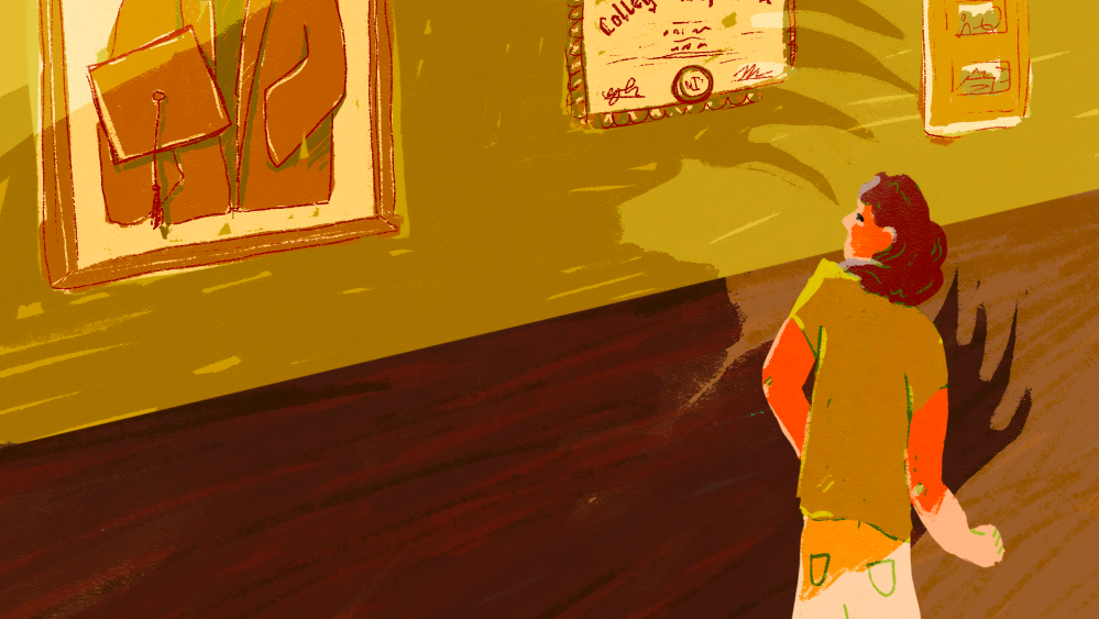 Illustration of a woman walking down a hall, turning her head towards something behind her. A large shadow with claws looms over her. On the wall, there is a framed cap and gown, a college diploma, and some photographs.