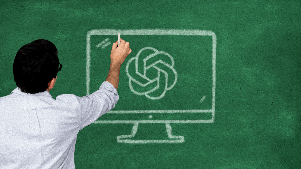 Teacher looking at a chalkboard, drawing a computer with the Chat GPT logo in chalk.