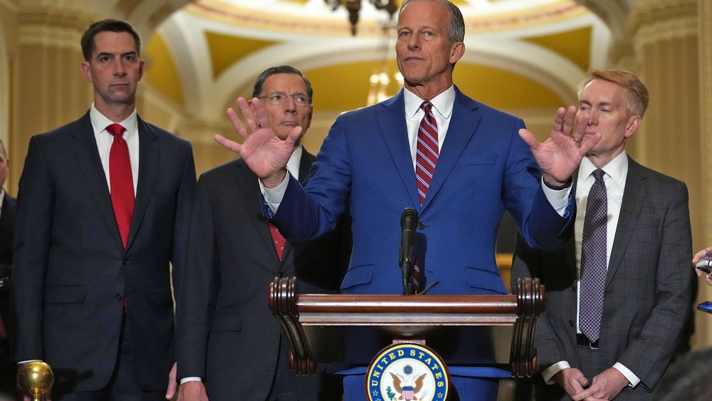 Senate Majority Leader John Thune is joined by, from left, Republican Sens. Tom Cotton and John Barrasso and Rep. James Lankford, R-Okla., at the Capitol on May 13, 2025.