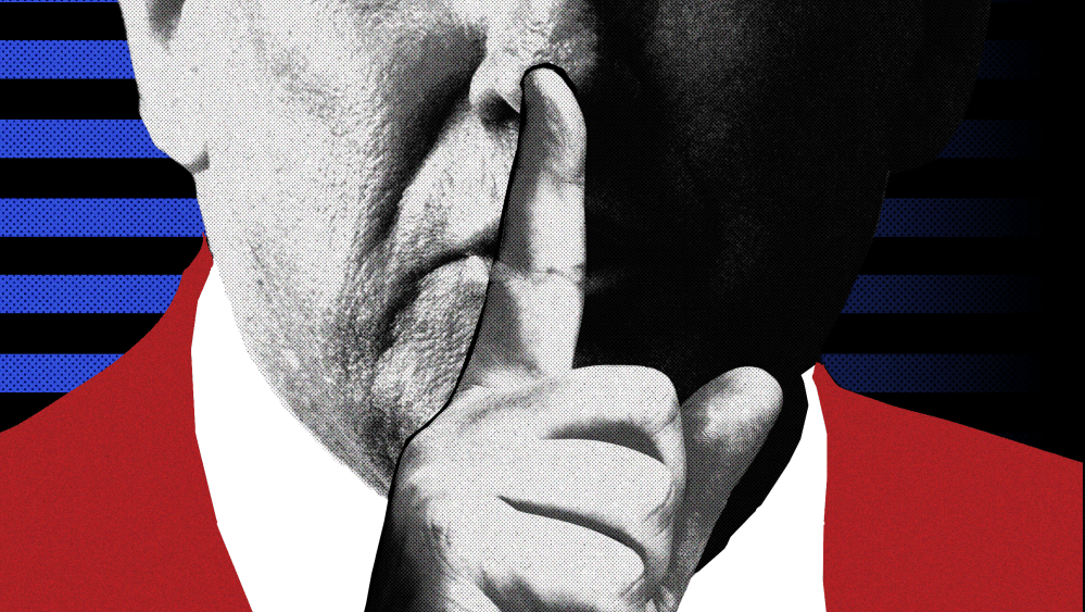 Photo collage of an up-close image of Donald Trump, holding his finger to his mouth as if he is hushing someone.