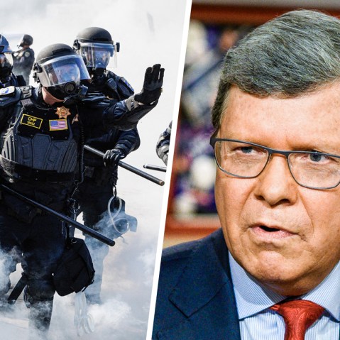A split image of California Highway Patrol outside using smoke bombs, left, and Charlie Sykes