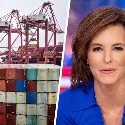 A split composite of shipping containers and Stephanie Rhule.
