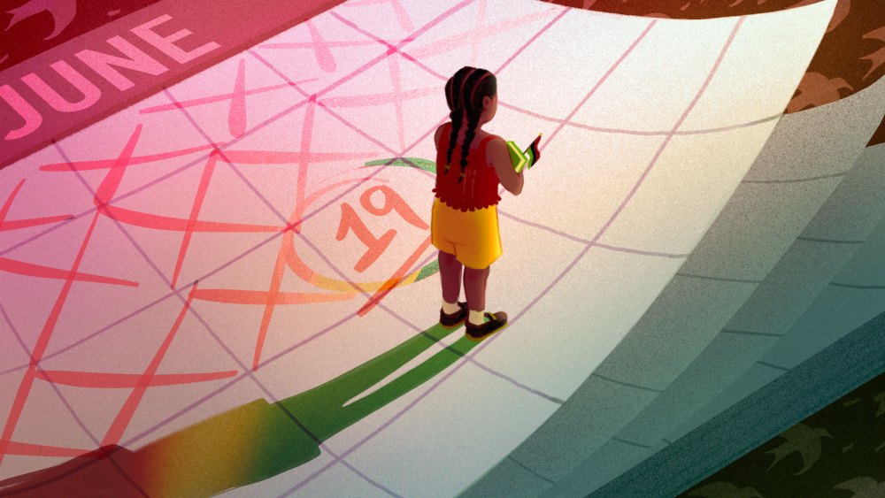 Young Black girl holding a history book and standing on a calendar marked June 19.