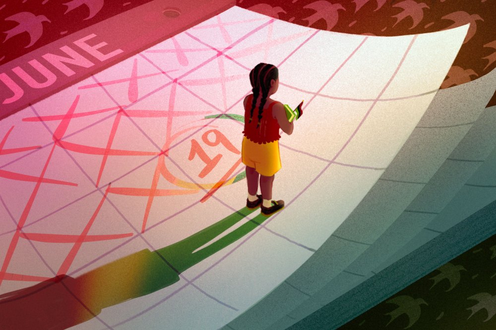 Young Black girl holding a history book and standing on a calendar marked June 19.