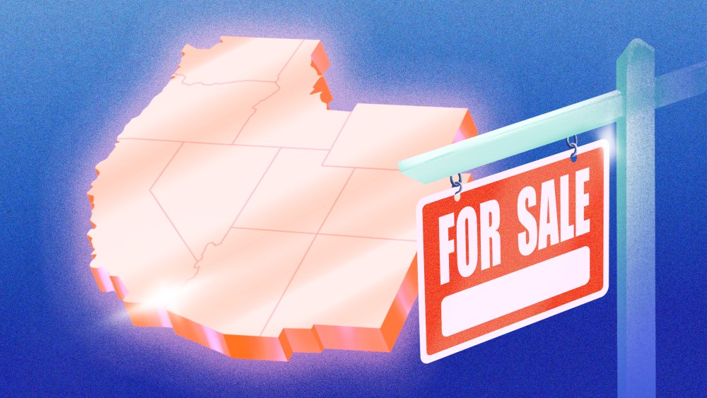 Western US states with a "FOR SALE" sign in front.