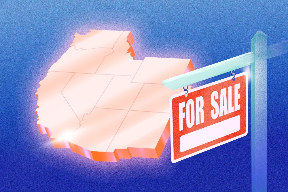 Western US states with a "FOR SALE" sign in front.
