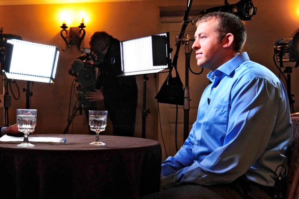Police officer Darren Wilson is shown in this handout photo provided by ABC News during an exclusive interview with ABC News' George Stephanopoulos, in Missouri, Nov. 25, 2014 as he breaks his silence about the shooting of Michael Brown.