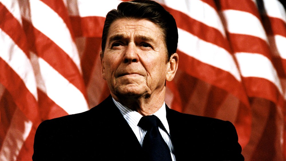 Former U.S. President Ronald Reagan speaks at a rally on Feb. 8, 1982.