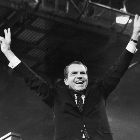 Richard Nixon gives the 'V' for victory sign after receiving the presidential nomination at the Republican National Convention, August 1968, in Miami, Fla.