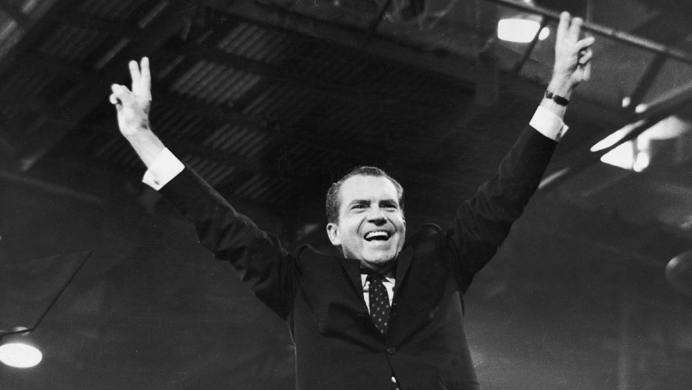Richard Nixon gives the 'V' for victory sign after receiving the presidential nomination at the Republican National Convention, August 1968, in Miami, Fla.