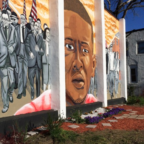 A mural of Freddie Gray is seen in Baltimore, Md. (Photo by Xuan Thai)