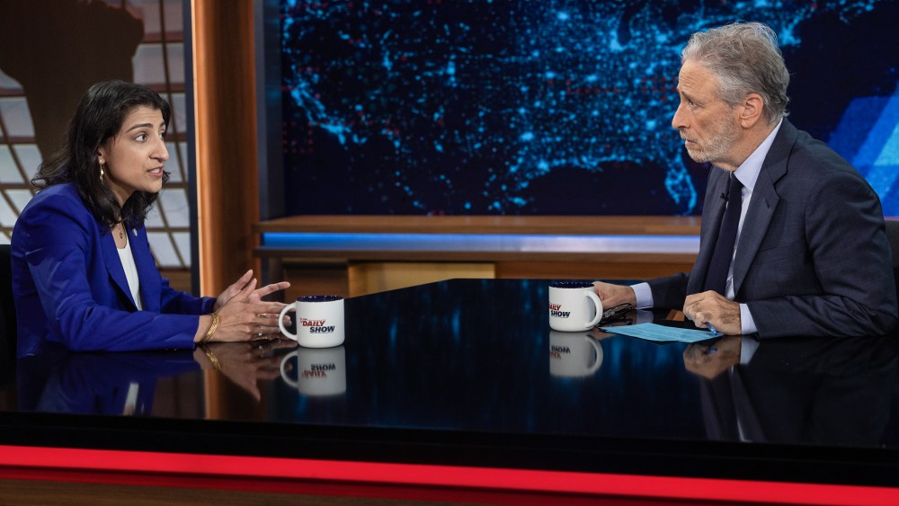 Jon Stewart in conversation with Federal Trade Commission Chairperson Lina Khan on "The Daily Show" on April 1, 2024.