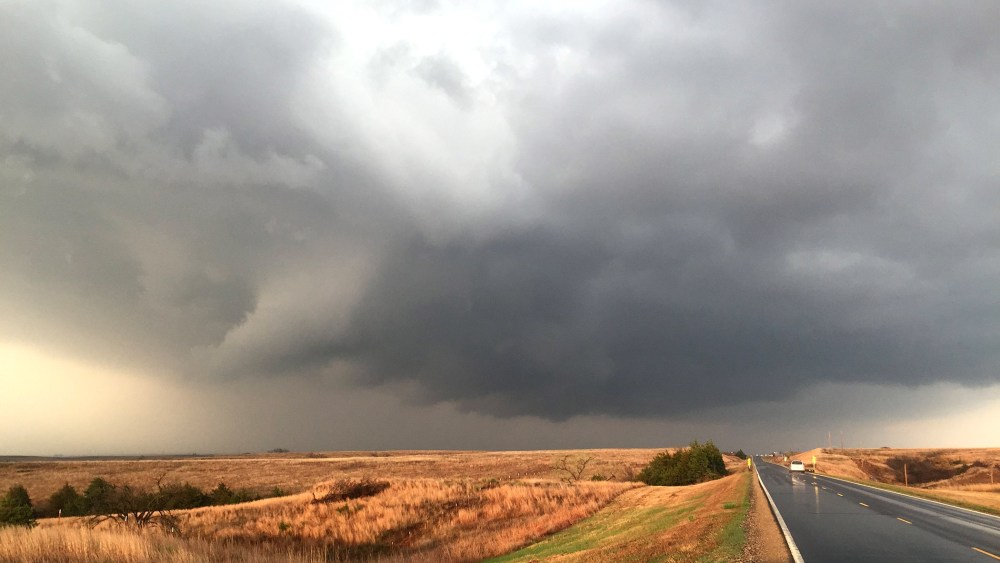 A tornado moves into southwestern Kansas near Medicine Lodge bringing high winds and hail on April 8, 2015.