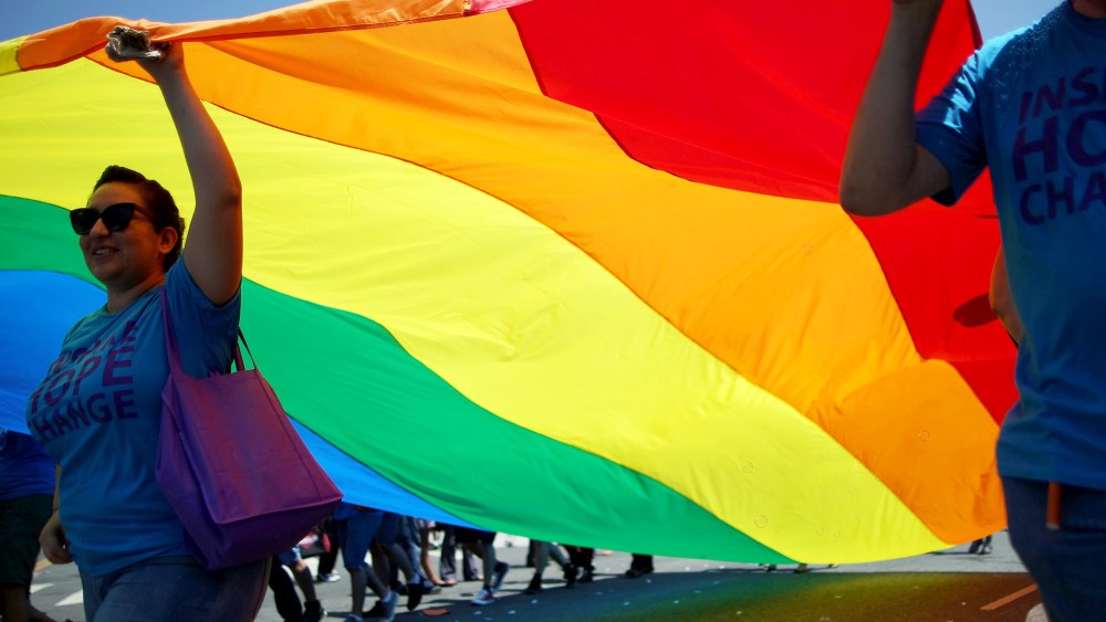 Marchers carry a rainbow flag in the LA Pride Parade on June 8, 2014 in West Hollywood, California.