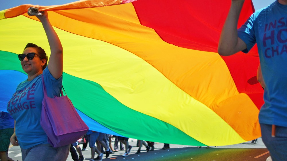 Marchers carry a rainbow flag in the LA Pride Parade on June 8, 2014 in West Hollywood, California.