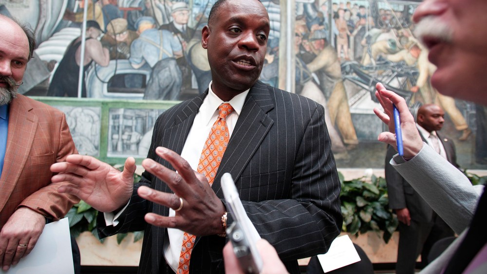 Detroit Emergency Manager Kevyn Orr speaks with the media after a press conference at the Detroit Institute of Arts June 9, 2014 in Detroit, Mich.