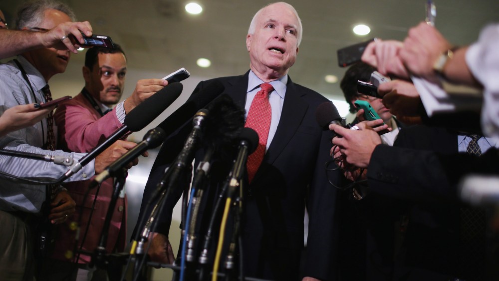 U.S. Sen. John McCain (R-Ariz.) talks with reporters at the U.S. Capitol June 10, 2014 in Washington, D.C. Armed Services On Bowe Bergdahl Release