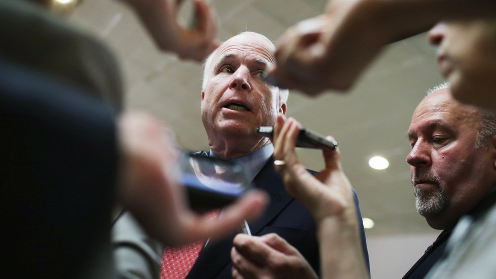 Senate Armed Services Committee Member U.S. Sen. John McCain (R-AZ) talks with reporters at the U.S. Capitol, June 10, 2014.