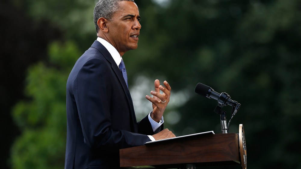 President Barack Obama makes a statement on the situation in Iraq June 12, 2014 on the south lawn of the White House in Washington, D.C.