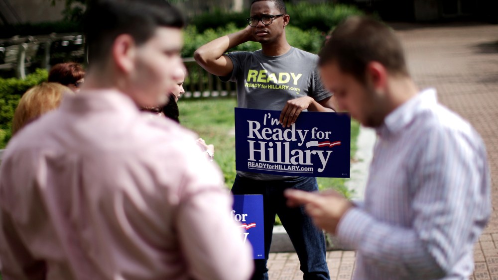 Volunteers for the Ready for Hillary Clinton for President 2016 Super PAC canvas on the campus of George Washington University on June 13, 2014 in Washington, DC. (Photo by Chip Somodevilla/Getty)