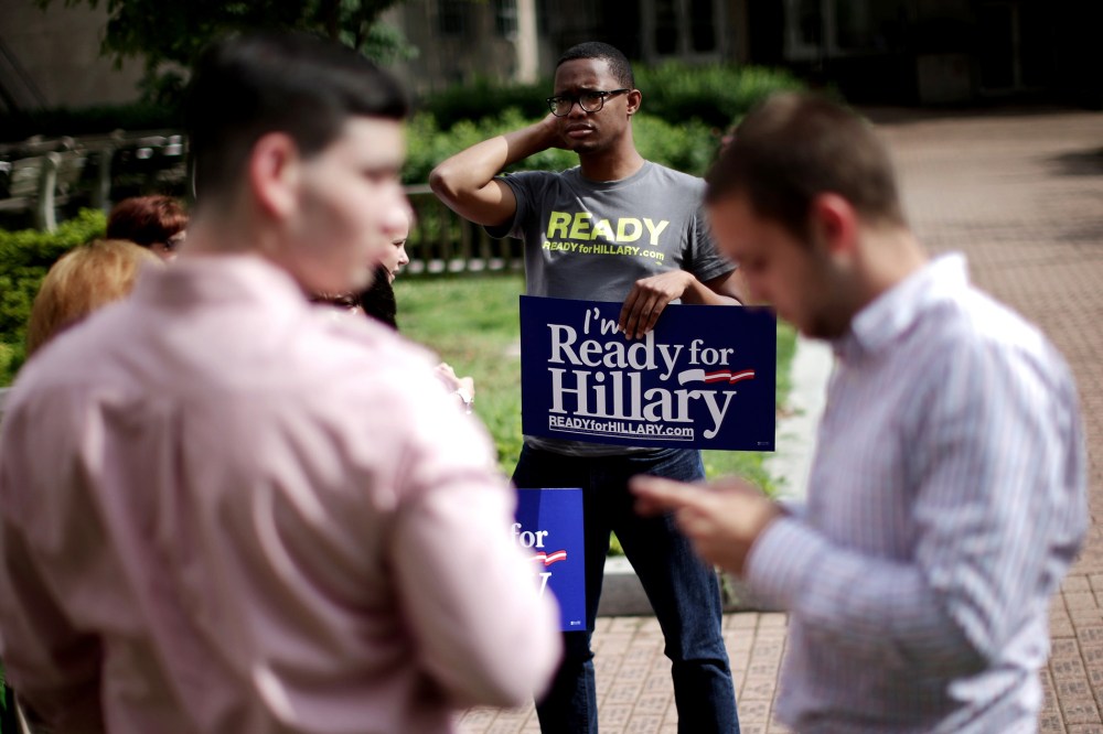 Volunteers for the Ready for Hillary Clinton for President 2016 Super PAC canvas people on the campus of George Washington University June 13, 2014.