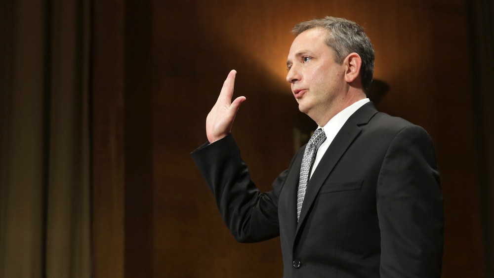 David Barron is sworn in before testifying to the Senate Judicary Committee during his nomination hearing in Washington, DC. Nov. 20, 2013.