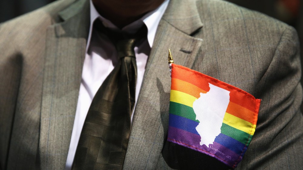 Jimmy Smith wears a small Illinois gay pride flag on his jacket in Chicago, Illinois, Nov. 2013.