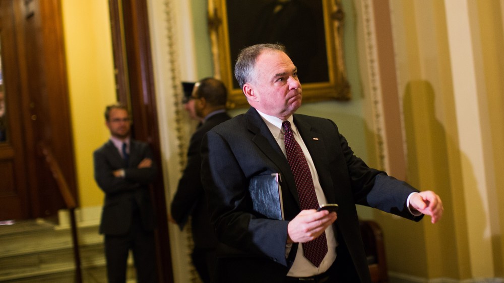 Sen. Tim Kaine (D-VA)  leaves the Senate floor on Capitol Hill, November 21, 2013.