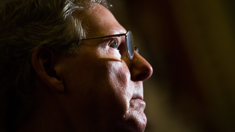 Senate Minority Leader Mitch McConnell (R-Ky.) looks on during a news conference on Capitol Hill, Nov. 21, 2013 in Washington, D.C.
