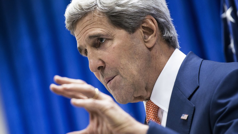 US Secretary of State John Kerry speaks during a press conference, June 23, 2014, in the Iraqi capital Baghdad.