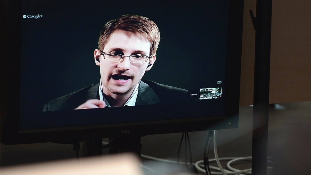 Edward Snowden speaks to European officials via videoconference, June 24, 2014.