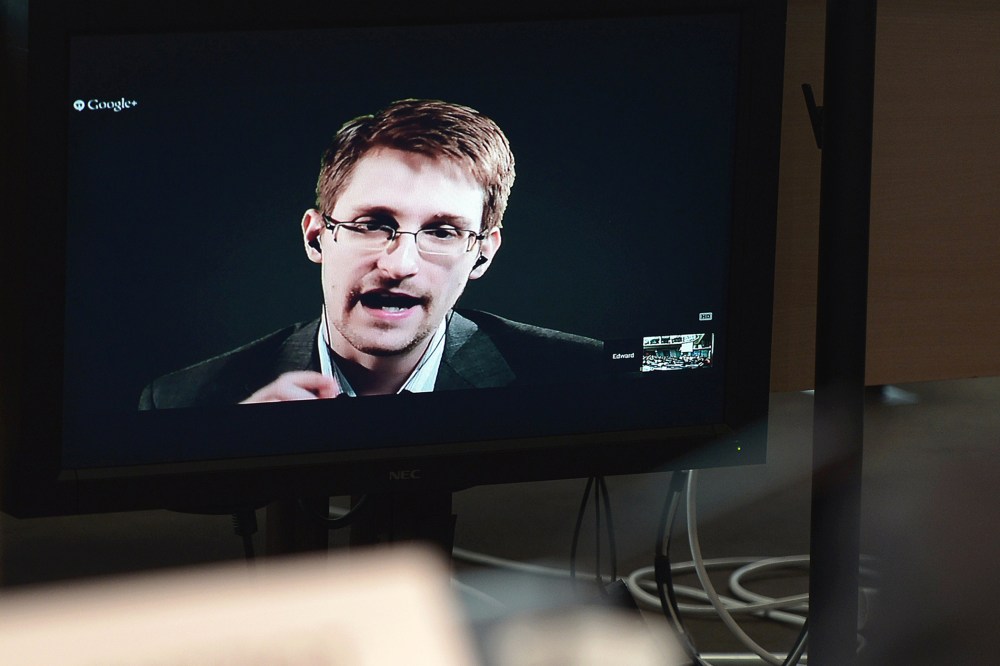 Edward Snowden speaks to European officials via videoconference, June 24, 2014.